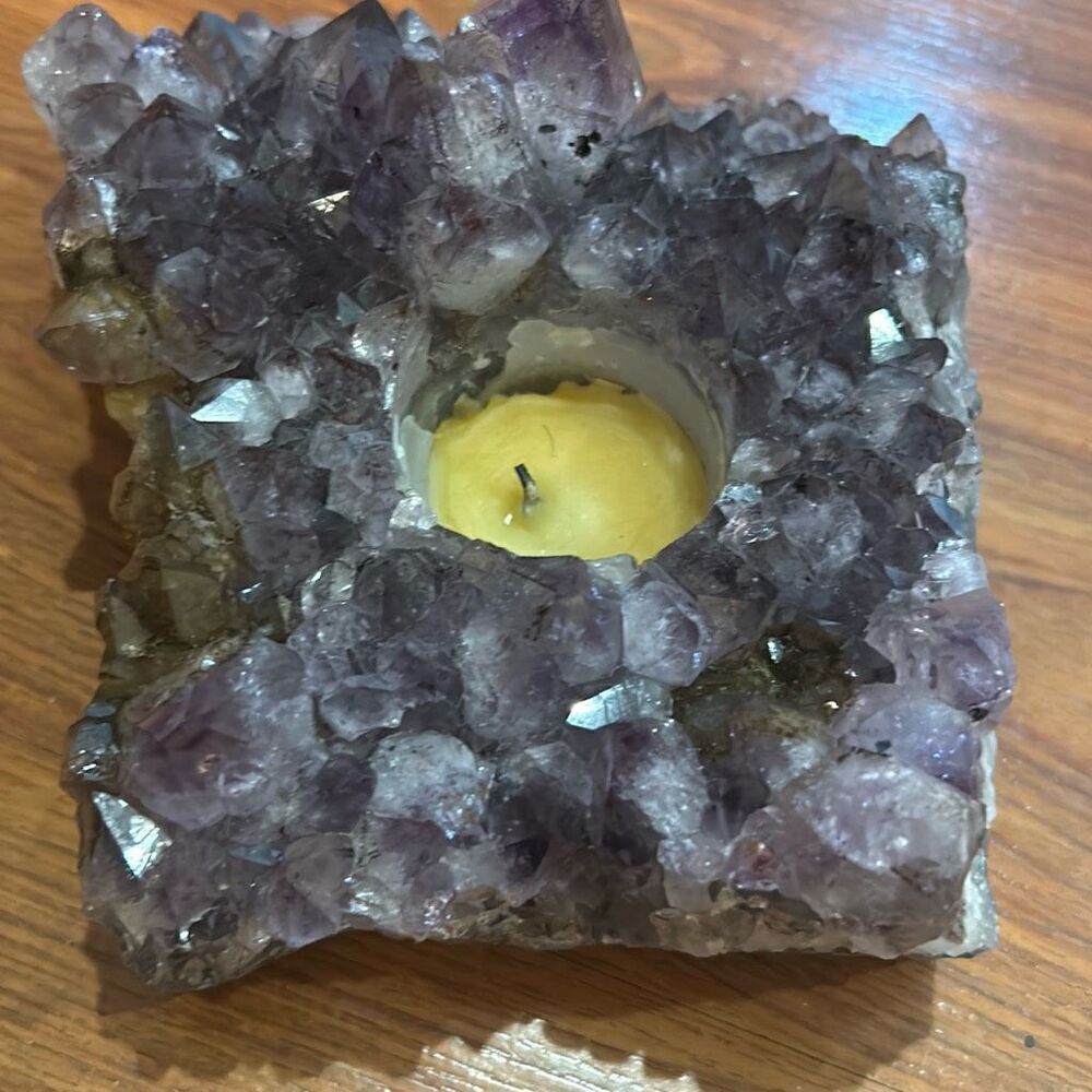 Large amethyst tea light candle holder purple gemstone